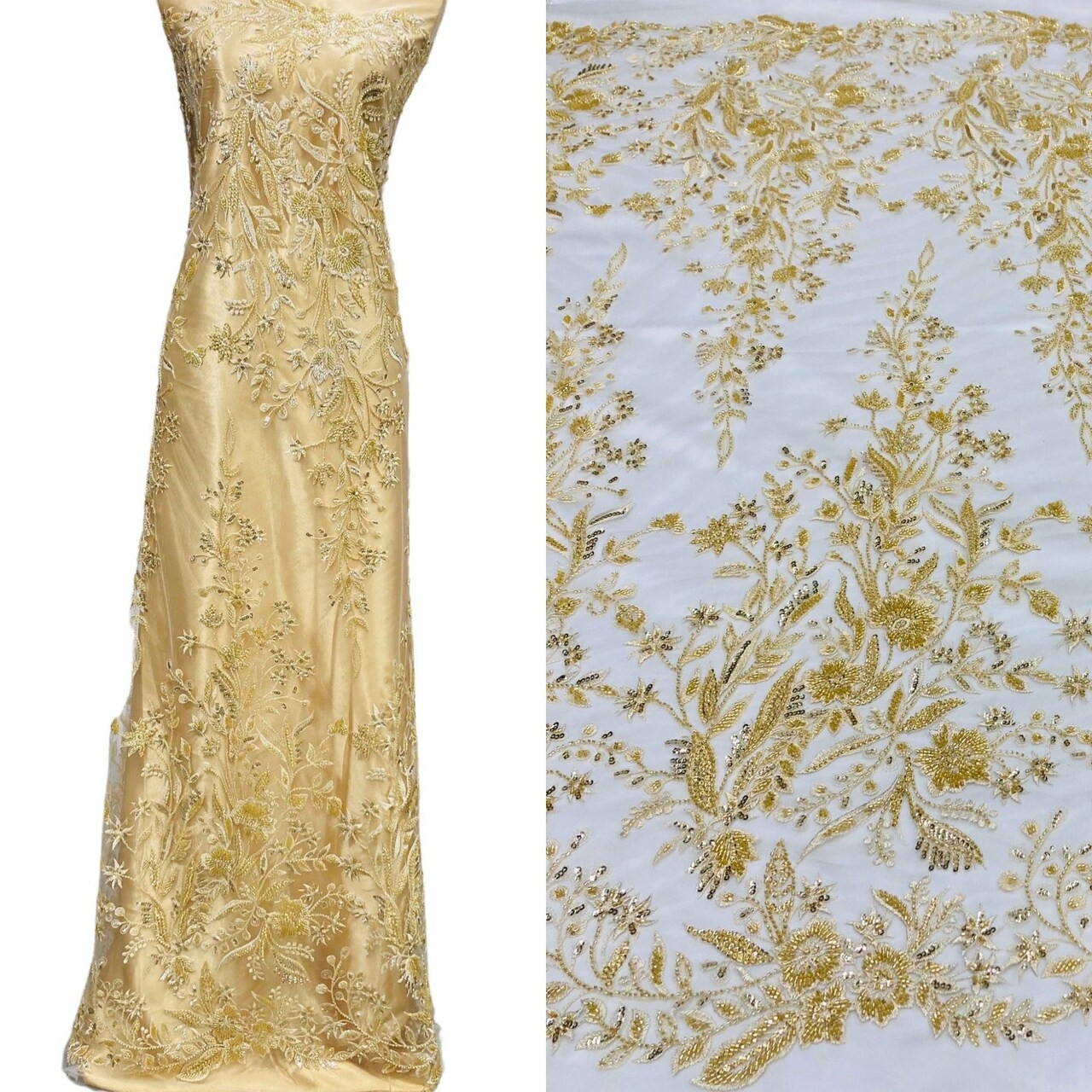 1 Yard Gold Beaded Lace Fabric Embroidered on 100 Percent Polyester Net Mesh 52 Inch Width